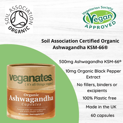 Veganates Organic Ashwagandha KSM-66  500mg Vegan Capsules  60 Capsules - Faithful Nutrition